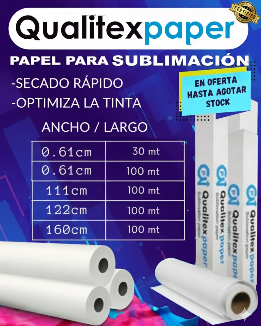 Papel de sublimación Qualitex de secado rápido que optimiza tu tinta. Solo en Todomax ¡En oferta hasta agotar stock!